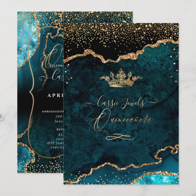 Quinceanera, Teal Blue Agate Faux Gold Confetti Invitation (Front/Back)