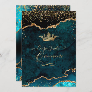 Quinceanera, Teal Blue Agate Faux Gold Confetti Invitation