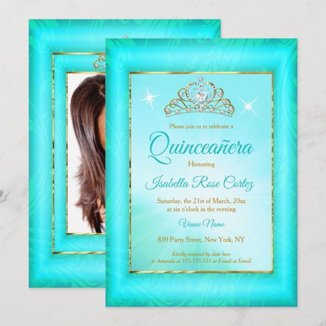 Quinceanera Teal blue Damask Gold Tiara photo Invitation (Front/Back)