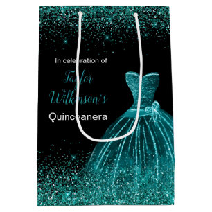 Quinceanera Teal Blue Dress Faux Glitter Medium Gift Bag