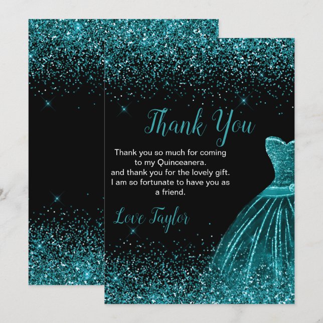 Quinceanera Teal Blue Dress Faux Glitter Thank You Card (Front/Back)