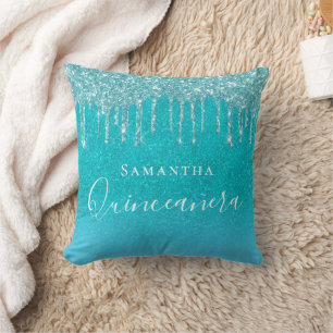 Quinceanera teal blue glitter sea green monogram throw pillow