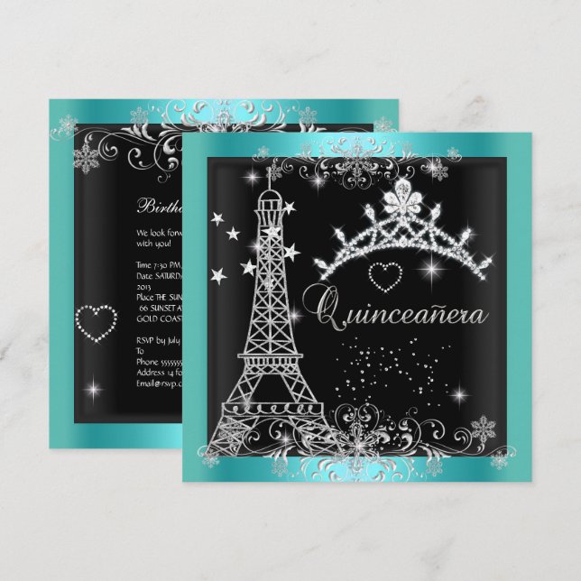 Quinceanera Teal Blue Glitter Tiara Eiffel Tower Invitation (Front/Back)
