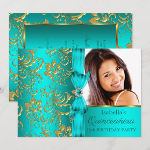 Quinceanera Teal Blue Gold Damask Floral Photo Invitation