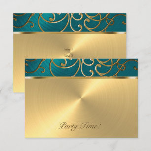 Quinceanera Teal Blue Green and Gold Filigree Invitation
