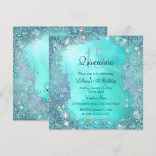 Quinceanera Teal Blue Ocean Jewel Birthday Party Invitation
