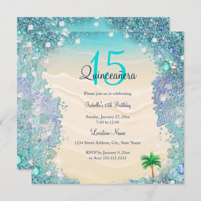 Quinceanera Teal Blue Sand Ocean Beach Birthday Invitation (Front/Back)