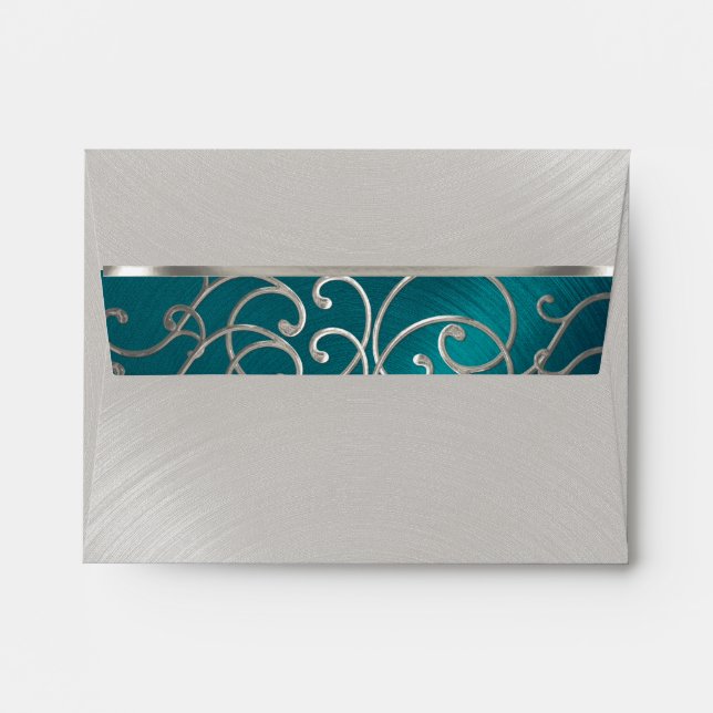 Quinceanera Teal Blue Silver Filigree Swirls Envelope (Back (Top Flap))