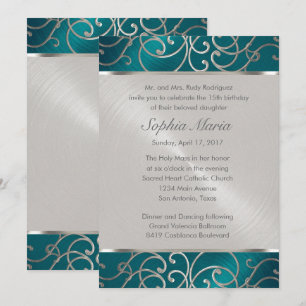 Quinceanera Teal Blue Silver Filigree Swirls Invitation