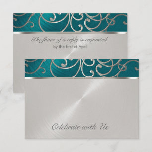 Quinceanera Teal Blue Silver Filigree Swirls RSVP Card
