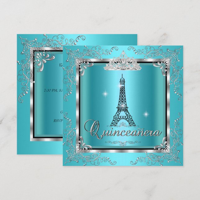Quinceanera Teal Blue Silver Tiara Eiffel Tower 3 Invitation (Front/Back)