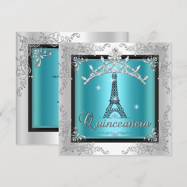 Quinceanera Teal Blue Silver Tiara Eiffel Tower Invitation (Front/Back)
