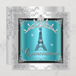Quinceanera Teal Blue Silver Tiara Eiffel Tower Invitation