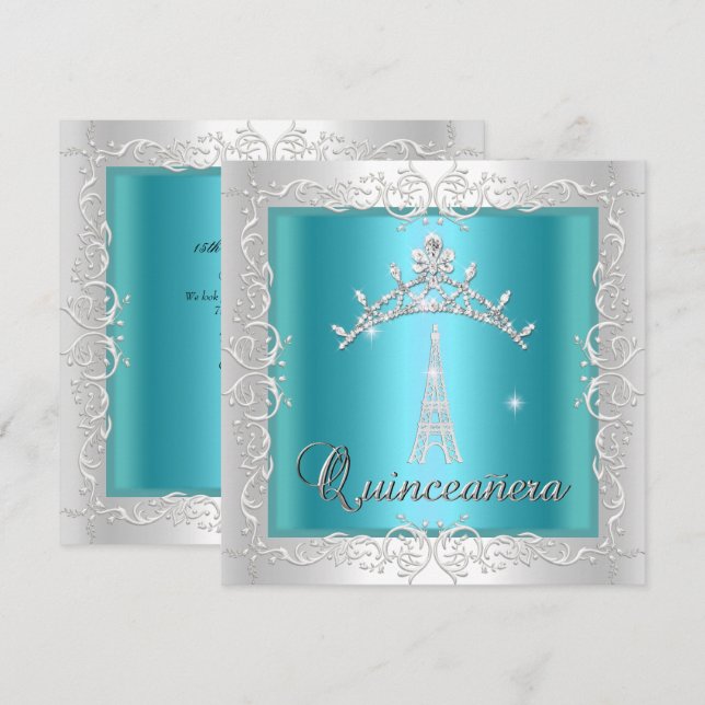Quinceanera Teal Blue White Tiara Eiffel Tower Invitation (Front/Back)