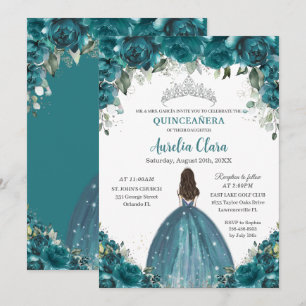 Quinceañera Teal Floral Butterflies Silver Tiara Invitation