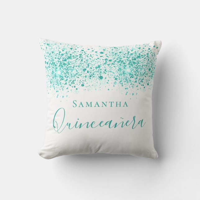 Quinceanera teal glitter drops monogram white throw pillow (Front)