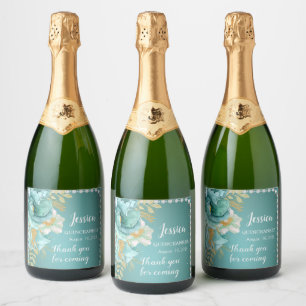 Quinceanera Teal Gold Floral Sparkling Wine Label