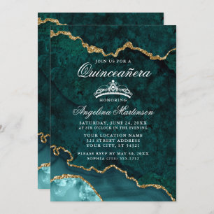Quinceanera Teal Gold Marble Agate Geode Invitation