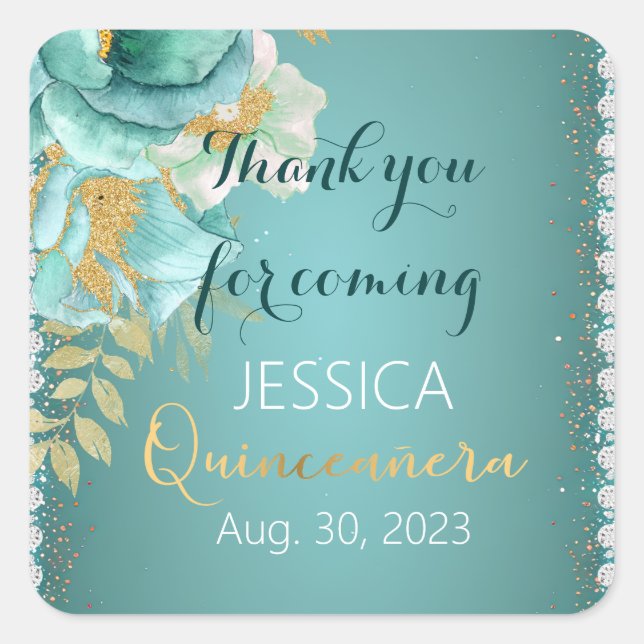 Quinceanera Teal Gold Personalized Favour Sticker (Front)
