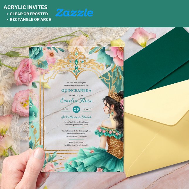Quinceañera Teal Green Gold Mis Quince Flowers Acrylic Invitations (Creator Uploaded)