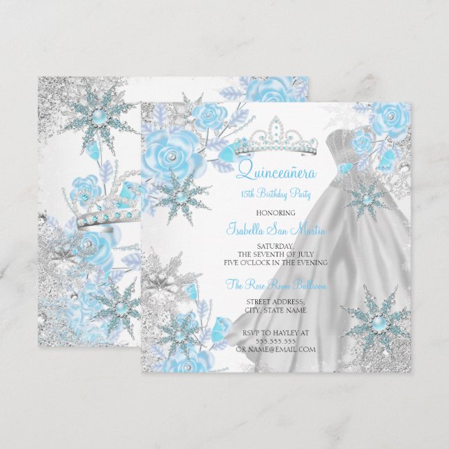 Quinceanera Teal Rose Winter Wonderland Snowflake Invitation (Front/Back)