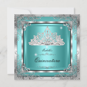 Quinceanera Teal Silver Diamond Tiara 15th Party Invitation