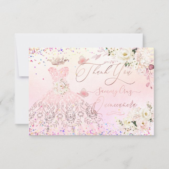 Quinceanera Thank You Blush Pink Glitter Gown Card (Front)