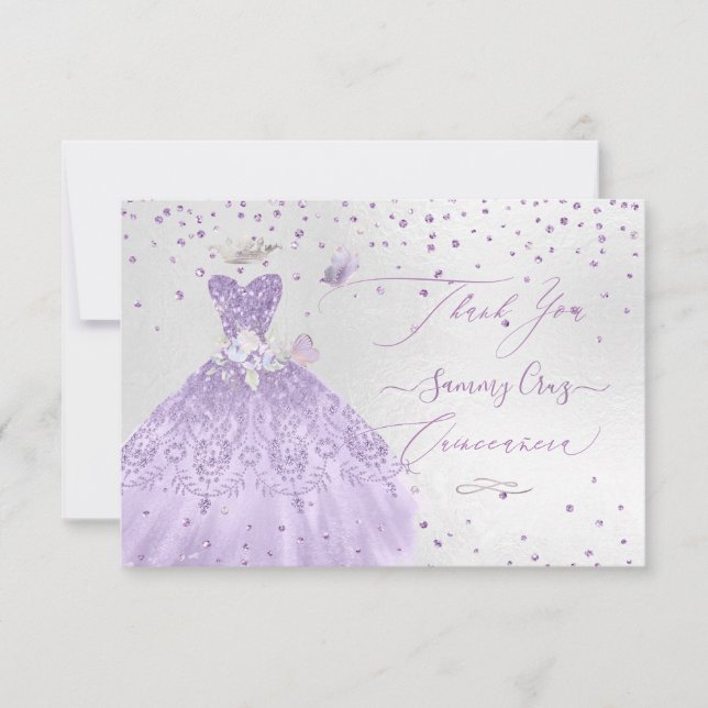 Quinceanera Thank You Dusty Purple Glitter Gown Invitation (Front)