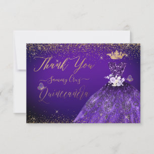Quinceanera Thank You Purple Glitter Gown  Card