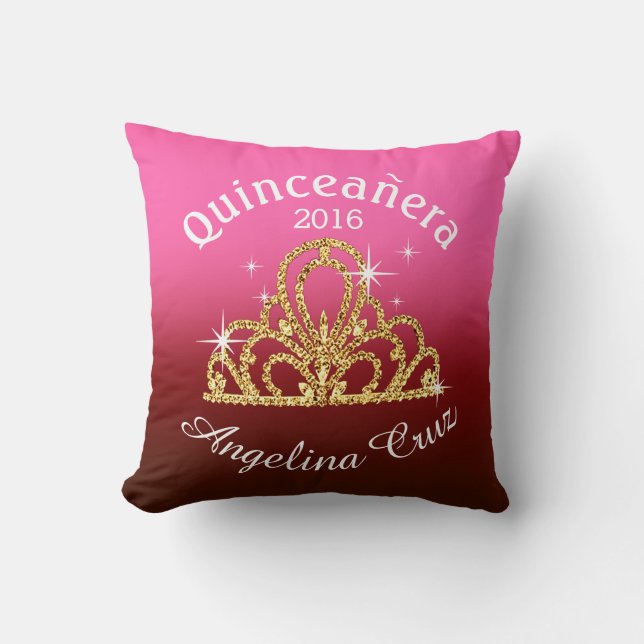 Quinceanera Tiara Bokeh Bling | ombre fuschia Throw Pillow (Front)