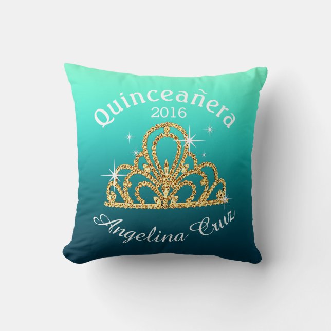 Quinceanera Tiara Bokeh Bling | ombre teal Throw Pillow (Front)
