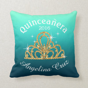 Quinceanera Tiara Bokeh Bling   ombre teal Throw Pillow