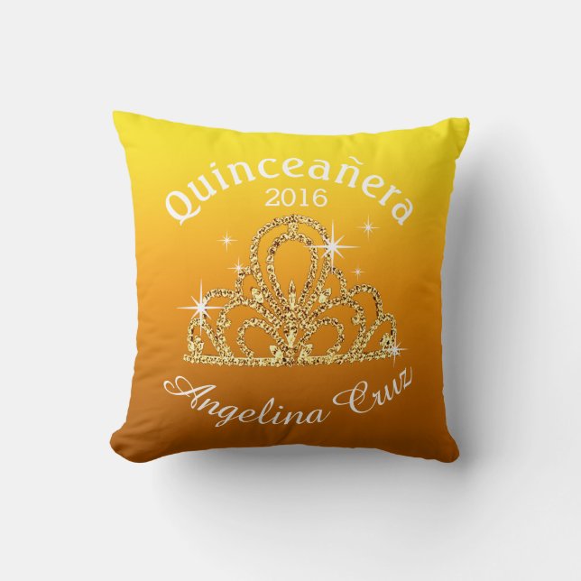Quinceanera Tiara Bokeh Bling | ombre yellow Throw Pillow (Front)
