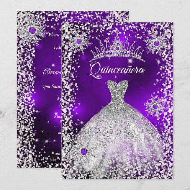 Quinceanera Tiara Dress purple winter Snowflake Invitation (Front/Back)