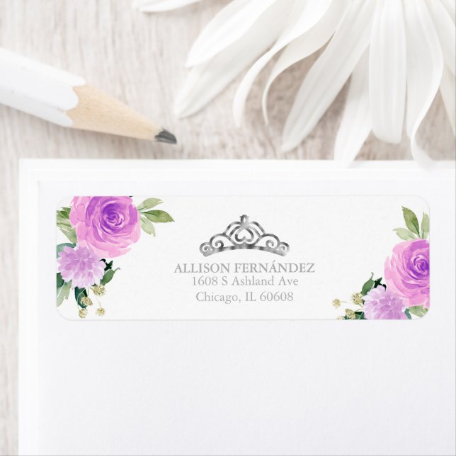 Quinceanera Tiara Silver Purple Floral Label (Insitu)
