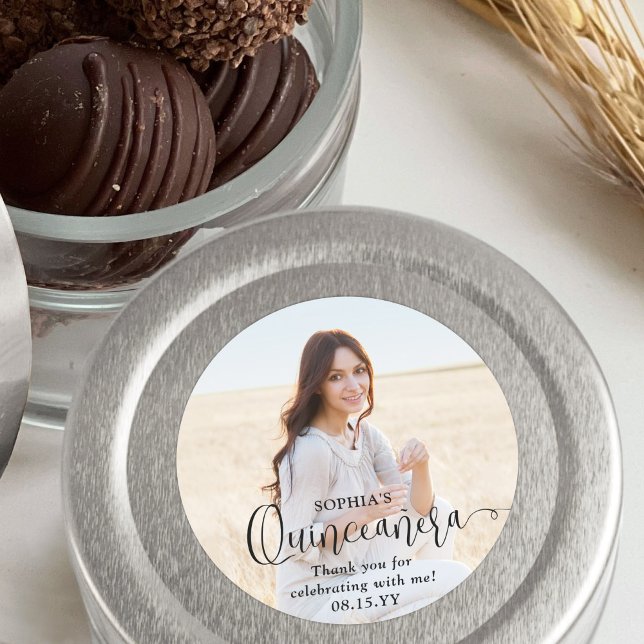 Quinceañera Trendy Black Script & Photo Thank You Classic Round Sticker (Creator Uploaded)