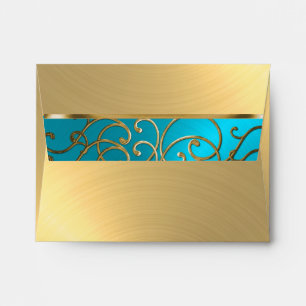 Quinceanera Turquoise Blue and Gold Filigree Swirl Envelope