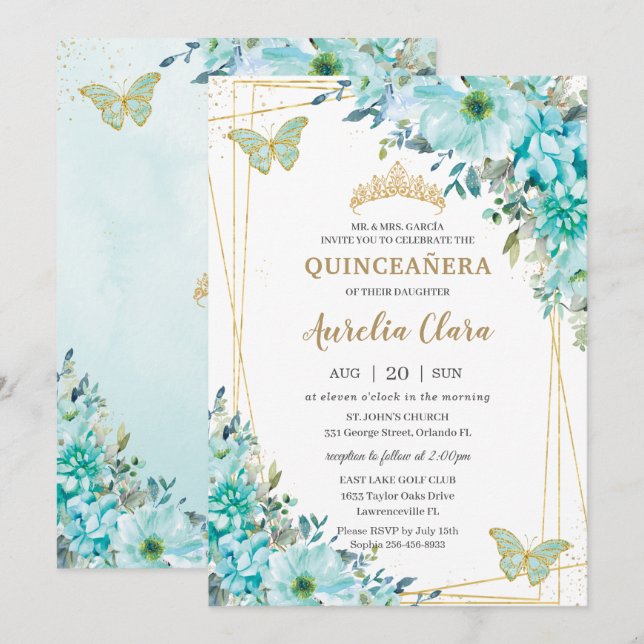 Quinceañera Turquoise Blue Floral Gold Butterflies Invitation (Front/Back)