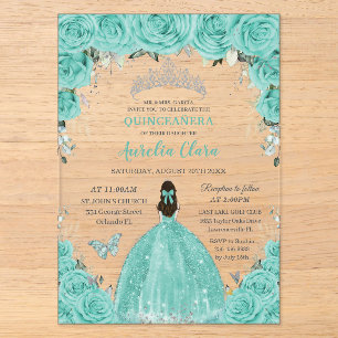 Quinceañera Turquoise Blue Floral Silver Princess Acrylic Invitations