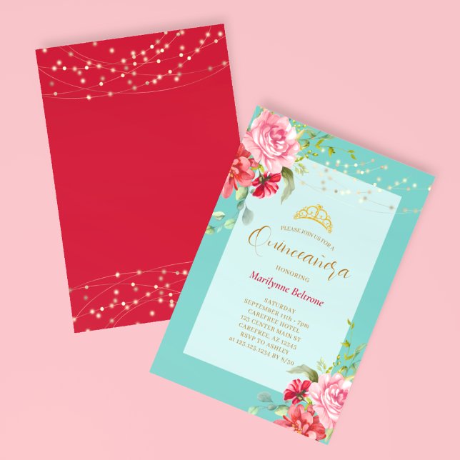 Quinceañera Turquoise Floral Gold Invitation (Creator Uploaded)