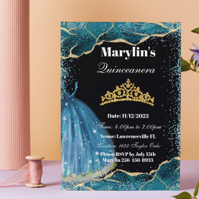 Quinceañera Turquoise Glitter Ballgown Birthday Invitation (Creator Uploaded)
