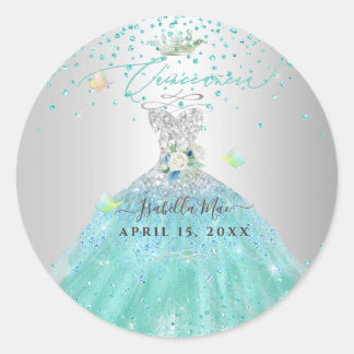 Quinceanera Turquoise Glitter Gown Classic Round Sticker