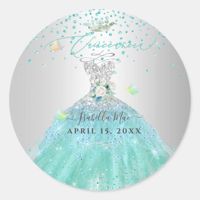 Quinceanera Turquoise Glitter Gown Classic Round Sticker (Front)
