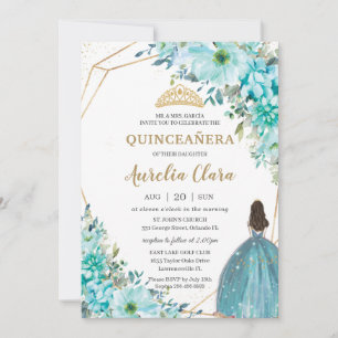 Quinceañera Turquoise Green Floral Gold Princess   Invitation