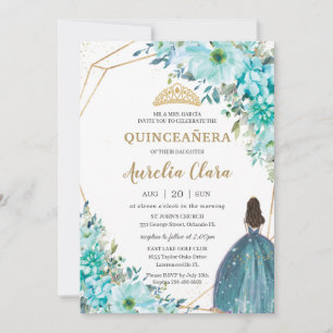 Quinceañera Turquoise Green Floral Gold Princess  Invitation