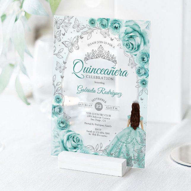 Quinceanera Turquoise Silver Floral Acrylic Invitations (Creator Uploaded)