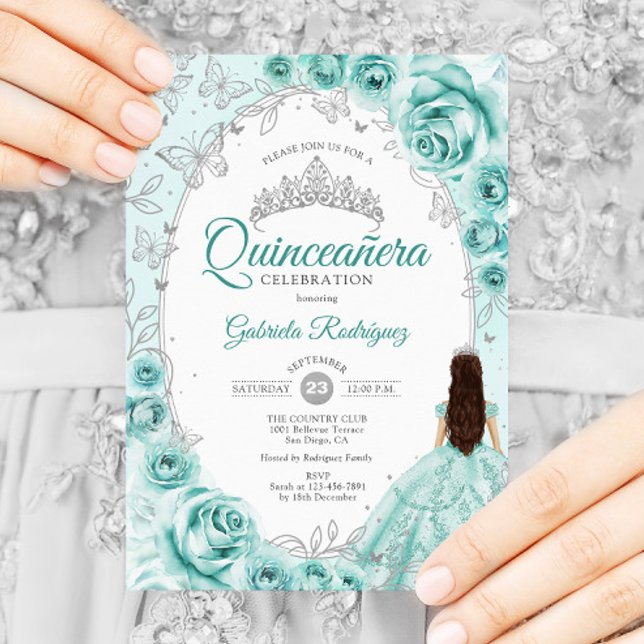 Quinceanera Turquoise Silver Floral Invitation (Creator Uploaded)