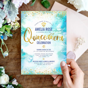 Quinceañera Turquoise Watercolor Gold Foil Chic Invitation