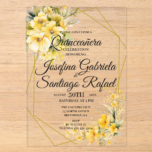 Quinceanera Twin Yellow Gold Acrylic Invitations