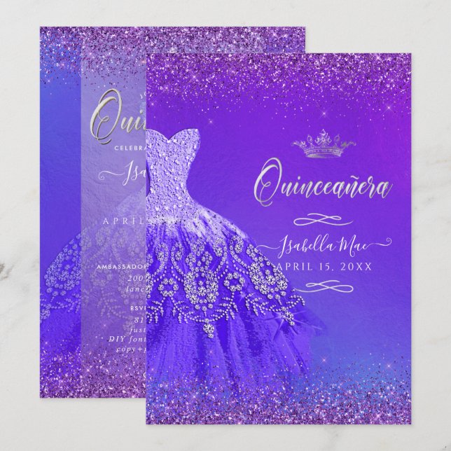 Quinceanera Ultra Violet Ombre Glitter Gown Invitation (Front/Back)